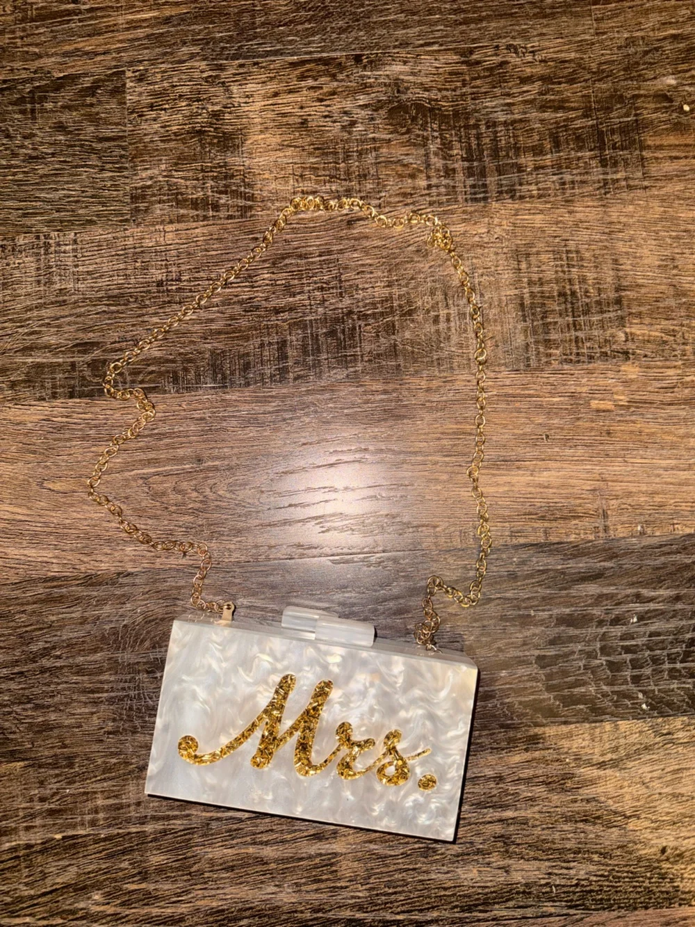 Ivory Pearl Acrylic Clutch with Gold Script